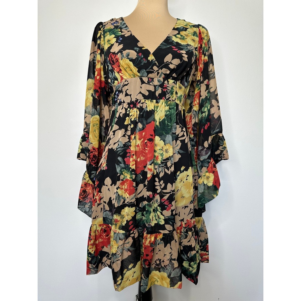Betsey Johnson V-Neck Fit & Flare Dress Size 6 Black Floral